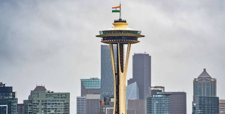 Historic-First-Indian-Flag-Hoisted-Atop-Seattles-Iconic-Space-Needle-on-Independence-Day-739x375