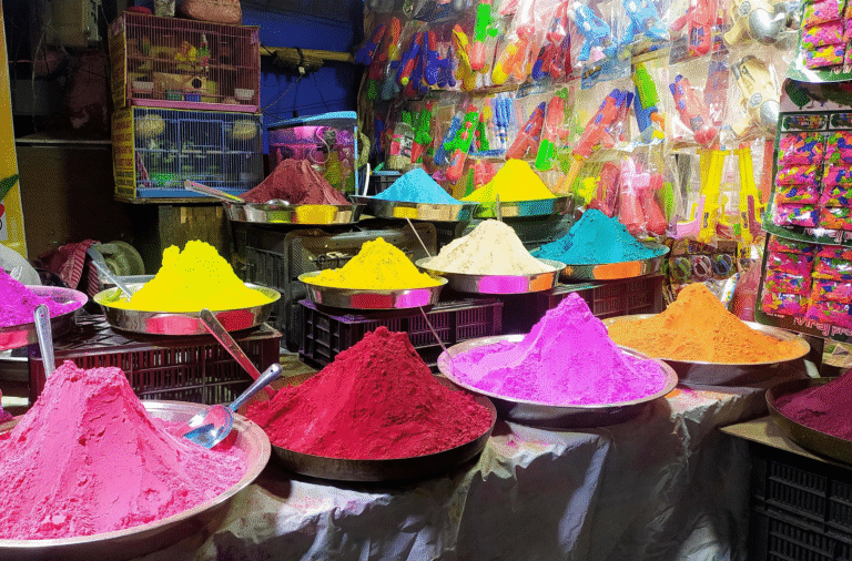 Colorful gulal powders displayed for Holi festival sale in India expected to boost 80000 crore market