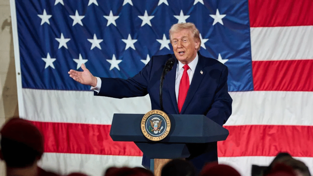 Donald Trump speaking during public event amid survey showing majority Americans dissatisfied with his policies